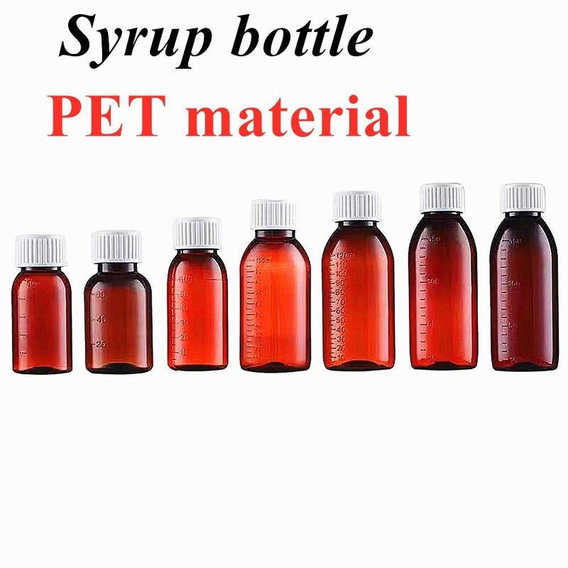 100 ml 250 ml płynnego leku Bursztynowy butelka z PET syropem przeciw kaszlu z kubkiem pomiarowym Plastic syrup syrop plastikowy
