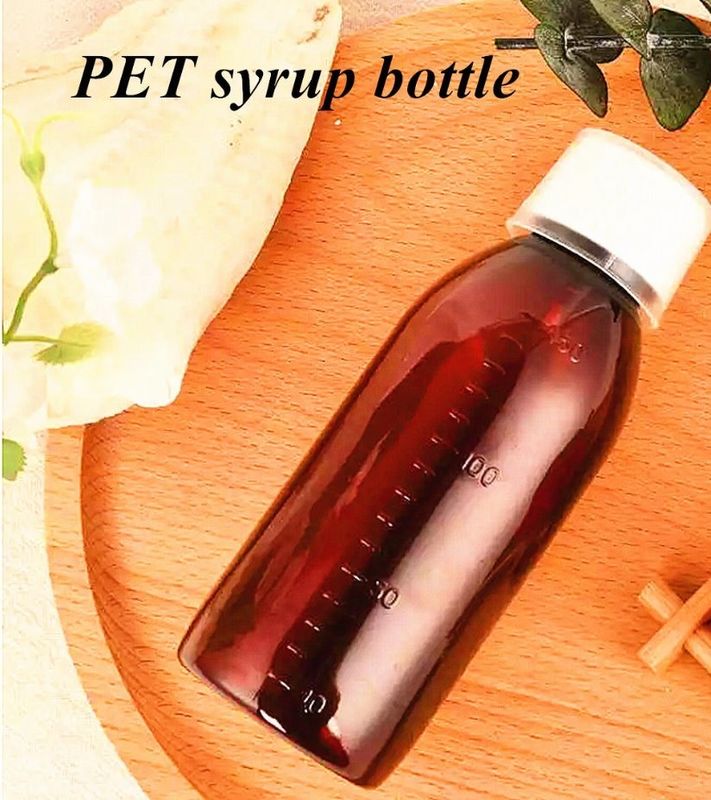 100 ml 250 ml płynnego leku Bursztynowy butelka z PET syropem przeciw kaszlu z kubkiem pomiarowym Plastic syrup syrop plastikowy