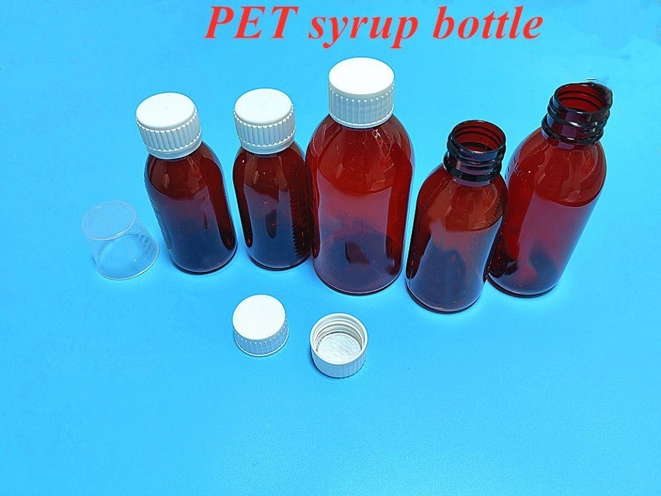 Brązowe butelki z syropem dla zwierząt domowych o pojemności 100 ml i 120 ml, z CRC, z zaciskiem śrubkowym