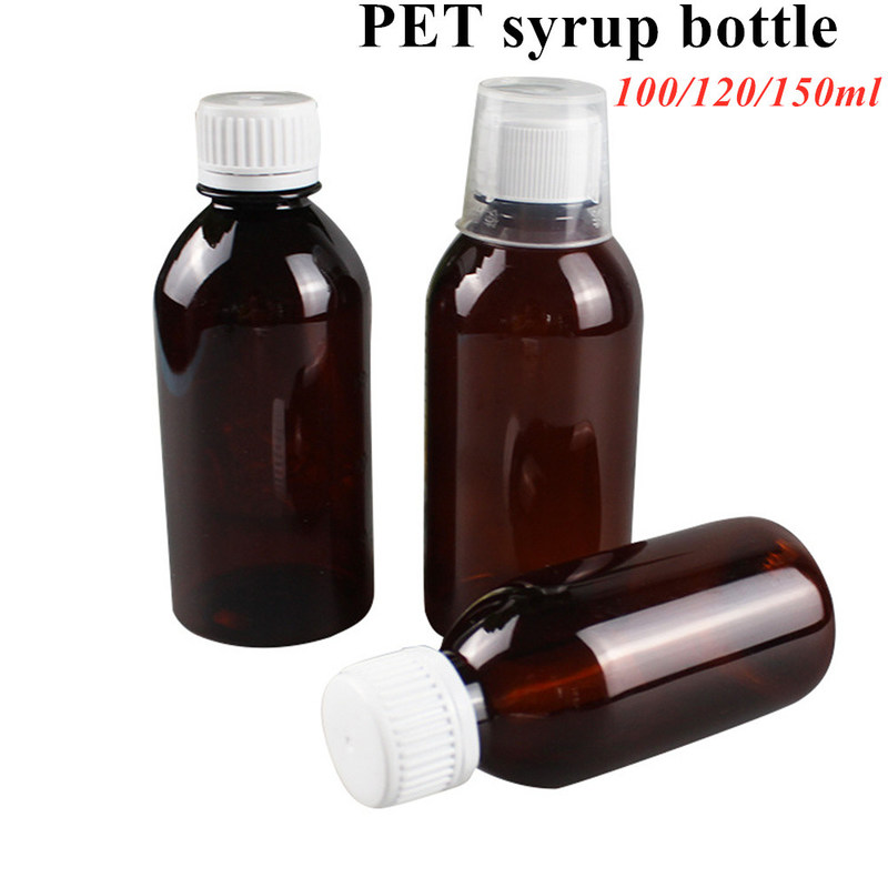 Brązowe butelki z syropem dla zwierząt domowych o pojemności 100 ml i 120 ml, z CRC, z zaciskiem śrubkowym