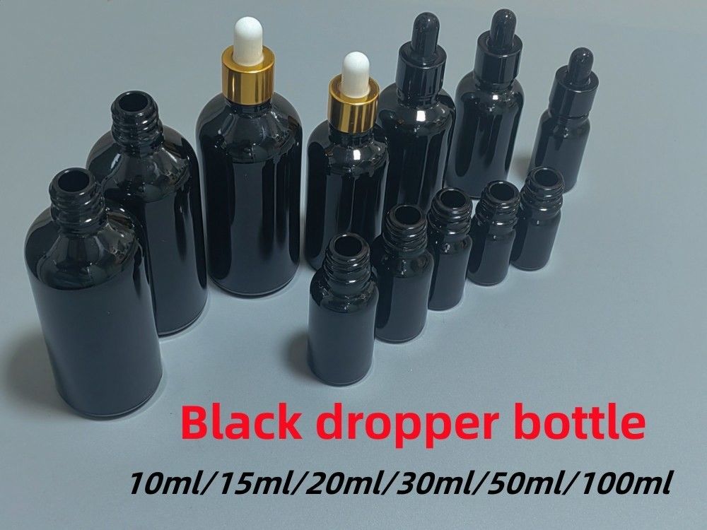 Czarny 10, Ml 15ml 20ml 30ml 50ml pusty, okrągły, czarny, błyszczący, szklany butelka z olejkami eterycznymi z pierścieniem z złota