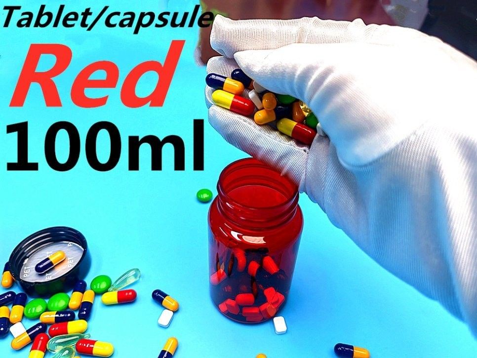 Medycyna medyczna Butelka tabletek 100 ml PET Czerwona Kapsuła z tworzywa sztucznego Opakowanie Witaminy Tabletki medyczne Butelka z nakrętką