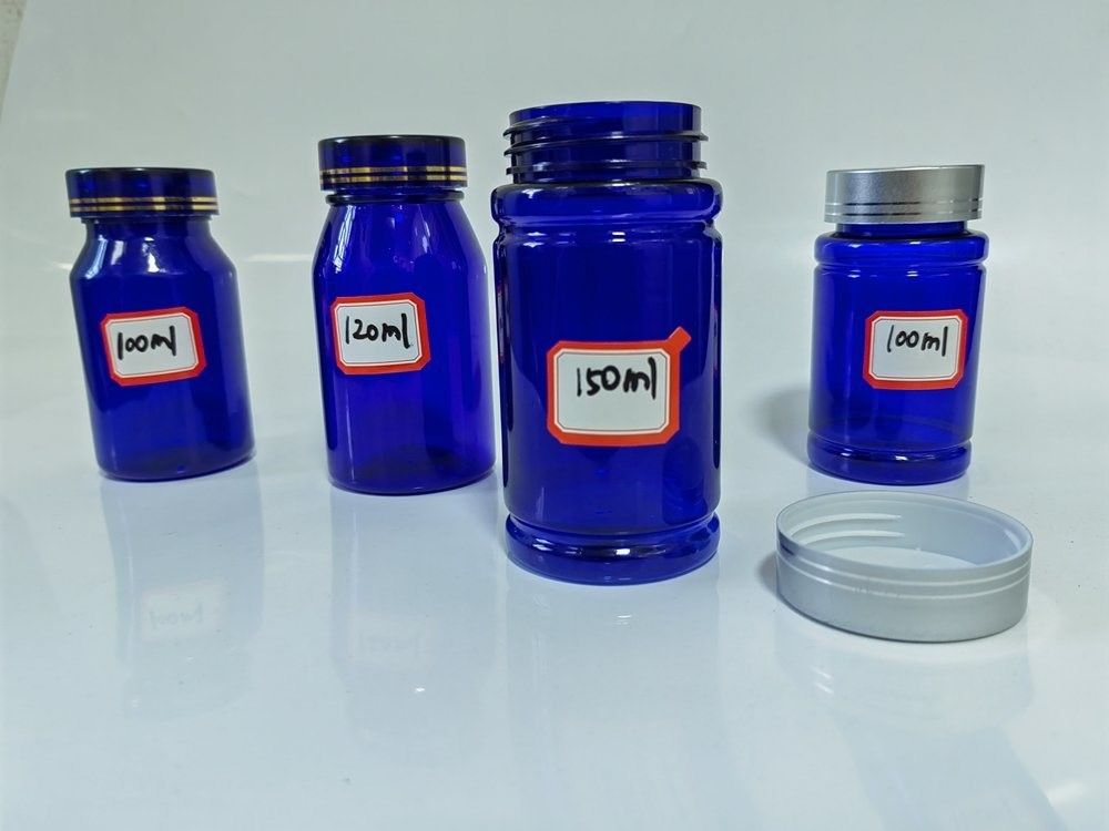 Plastic Blue PET 100 ml Kapsułka Tabletka Butelka z srebrną muszką